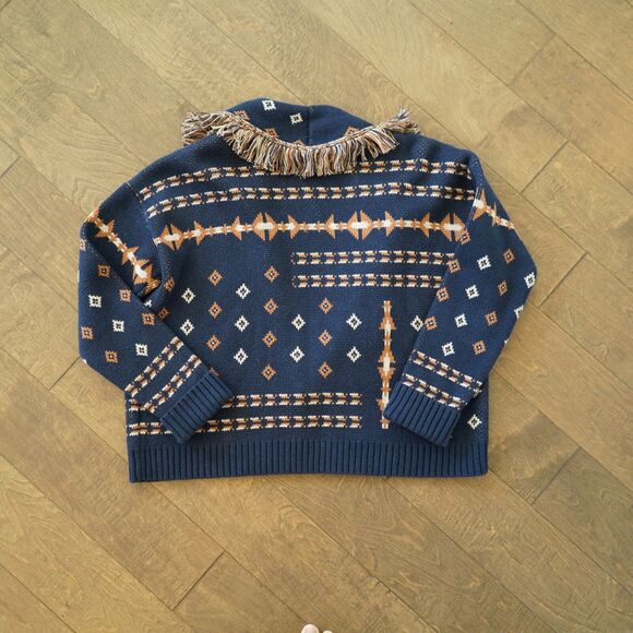 Pendleton Navy and Brown Fringed Cotton Wool Blend Cardigan Women's Size Large‎ - Picture 4 of 10